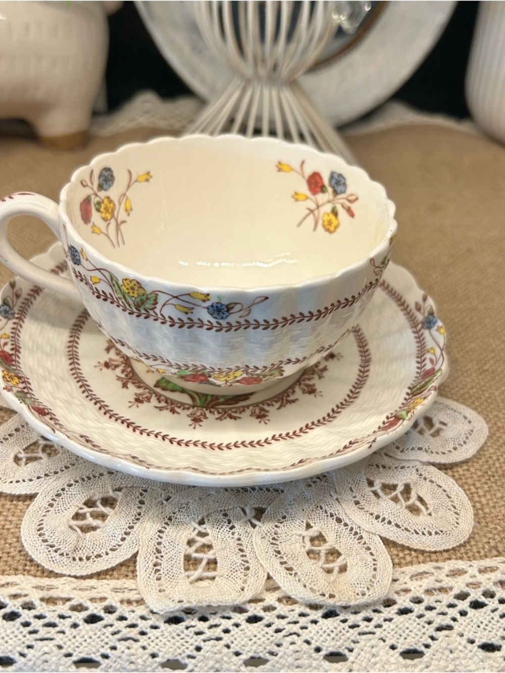 Vintage Spode Copeland Cowslip Flat Cup & Saucer Set | Chelsea Wicker Shape